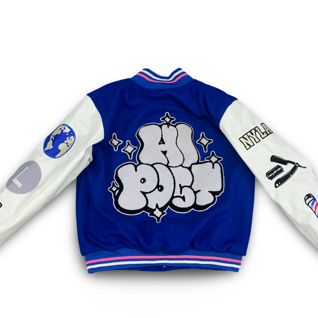 Blue and white jacket with graphic designs on a white background